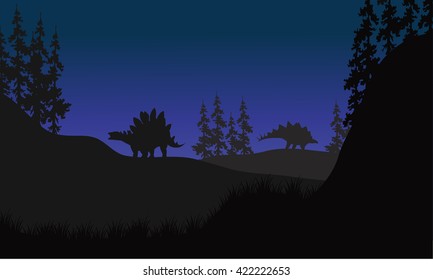 stegosaurus in fields scenery at night vector illustration
