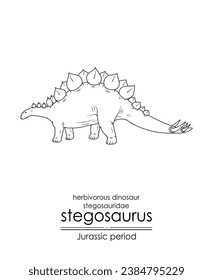 Stegosaurus, herbivorous, armored dinosaur from the Jurassic period. Black and white line art, perfect for coloring and educational purposes.