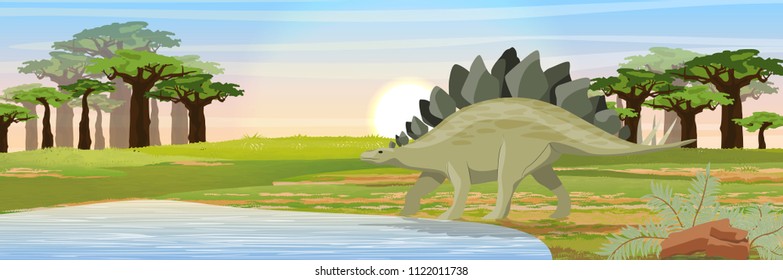 Stegosaurus near the lake. Prehistoric animals and plants. Vector landscape of the Mesozoic or Jurassic period.