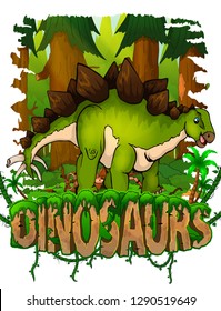 Stegosaurus on the background of the forest. Vector logo. Dinosaur world