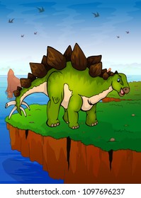 Stegosaurus on the background of the sea. Vector illustration.