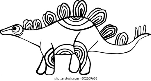 Stegosaurus on white background hand drawn. Linear sketch with circle ornament