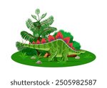 Stegosaurus prehistoric dinosaur cartoon character. Isolated vector dino with row of plates along its back and spiked tail, stands near the lush natural vegetation. Herbivore of Late Jurassic period