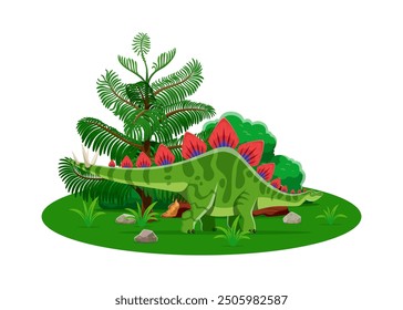 Stegosaurus prehistoric dinosaur cartoon character. Isolated vector dino with row of plates along its back and spiked tail, stands near the lush natural vegetation. Herbivore of Late Jurassic period