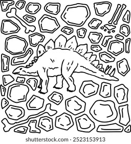 Stegosaurus prähistorischen Reptil Tier, einfache Umrisse und doodle Zeichnung Illustration. Dinosaurier Profil handgezeichnete Kontur Vektorgrafik. Grosses, ausgestorbenes Echsenreptil mit Spikes aus Fossilien.