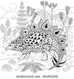 Stegosaurus - prehistoric reptile in nature. Antistress Coloring Book for adults.