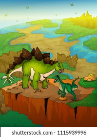 Stegosaurus and raptor with landscape background. Vector illustration.