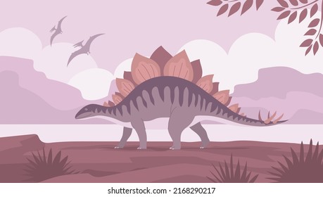 Stegosaurus with spikes on the tail. Herbivorous dinosaur of the Jurassic period. Prehistoric wildlife landscape. Cartoon vector illustration