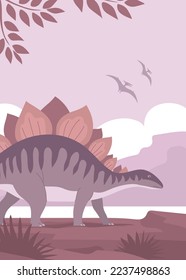 Stegosaurus with spikes on the tail. Herbivorous dinosaur of the Jurassic period. Prehistoric wildlife landscape. Cartoon vector illustration