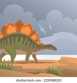 Stegosaurus with spikes on the tail. Herbivorous dinosaur of the Jurassic period. Prehistoric wildlife landscape. Cartoon vector illustration