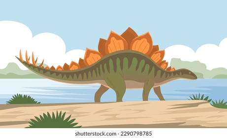 Stegosaurus with spikes on the tail. Herbivorous dinosaur of the Jurassic period. Prehistoric wildlife landscape. Cartoon vector illustration