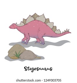 Stegosaurus and stone with plant isolated on a white background.Wild creature predator.Dinosaur period.Reptile animal.Jurassic character 
