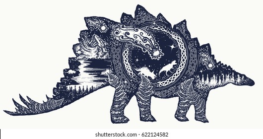 Stegosaurus tattoo art. Comet has destroyed dinosaurs. Symbol of prehistoric, paleontology. Stegosaurus double exposure t-shirt design 