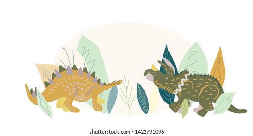 Stegosaurus and Triceratops cute illustration. Cartoon characters isolated design element. T-shirt, poster, vector, greeting card vector design. Vector