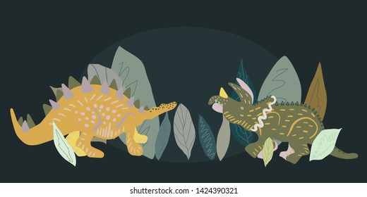 Stegosaurus and Triceratops dinosaur illustration . Cartoon characters isolated design element. T-shirt, poster, vector, greeting card vector design. Vector