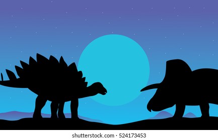 stegosaurus and triceratops scenery of silhouettes