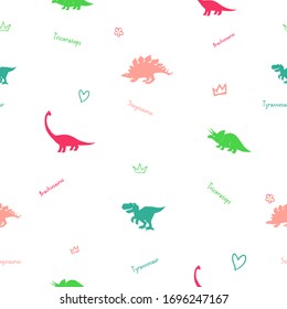 Stegosaurus, tyrannosaur, triceratops, brachiosaurus. Girl dinosaur seamless pattern with funny monster with crown, flower, heart symbols. Animal print for school girl stuff.