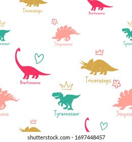 Stegosaurus, tyrannosaur, triceratops, brachiosaurus. Girl dinosaur seamless pattern with funny monster with crown, flower, heart symbols. Animal print for school girl stuff.