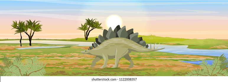 Stegosaurus in the valley with a river. Prehistoric animals and plants. Vector landscape of the Mesozoic or Jurassic period.