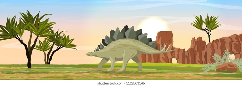 Stegosaurus in the valley with stony rocks. Prehistoric animals and plants. Vector landscape of the Mesozoic or Jurassic period.