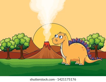 stegosaurus with volcano smoke and trees with sun