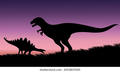 Stegosaurus vs tyrannosaurus rex, ilustración en color plano