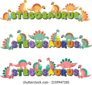 Stegosaurus word logo with dinosaur cartoon character illustration