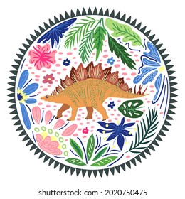 Stegosaurus yellow, prehistoric dinosaurs collection. Ancient animals. Hand drawn. In a frame of flowers and leaves.