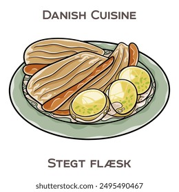 Stegt flaesk is a traditional Danish dish consisting of crispy fried pork belly slices typically served with boiled potatoes and parsley sauce.