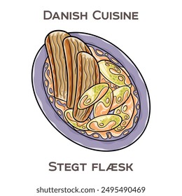 Stegt flaesk is a traditional Danish dish consisting of crispy fried pork belly slices typically served with boiled potatoes and parsley sauce.