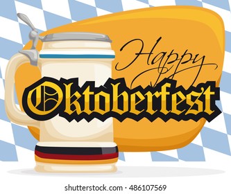 Stein with Germany flag ready for Oktoberfest with greeting sign and lozenge background.