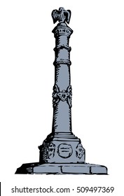 Stele of Glory: figure of eagle with wreath on old iron post with heraldic decor in park in Poltava city. Freehand ink drawn sketch in art doodle retro style pen on paper with space for text