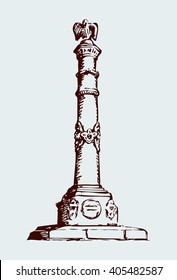 Stele of Glory: golden figure of eagle with wreath on old iron post with heraldic decor in park in Poltava city. Freehand ink drawn sketch in art doodle retro style pen on paper with space for text