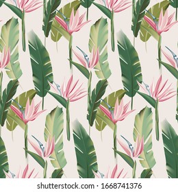Stelitzia hawaii greenery pattern, palm leaves relax jungle design.  Bird of paradise summer beach vacation design. Botanical illustration. Luxury fashion brand cloth, Italian textile Vector