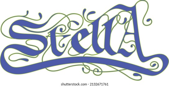 Stella. Name Stella. Gothic font. hand lettering. Blue and Gold. Broad-edged calligraphy pen