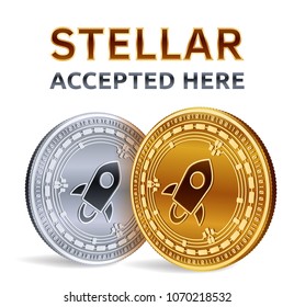 Stellar. Accepted sign emblem. Crypto currency. Golden and silver coins with Stellar symbol isolated on white background. 3D isometric Physical coins with text Accepted Here. Vector illustration.