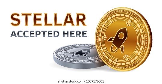 Stellar. Accepted sign emblem. Crypto currency. Golden and silver coins with Stellar symbol isolated on white background. 3D isometric Physical coins with text Accepted Here. Vector illustration.