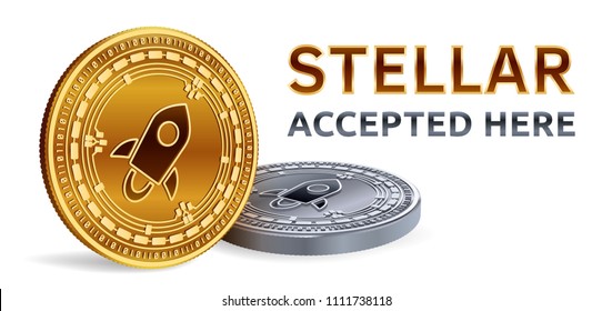 Stellar. Accepted sign emblem. Crypto currency. Golden and silver coins with Stellar symbol isolated on white background. 3D isometric Physical coins with text Accepted Here. Vector illustration.