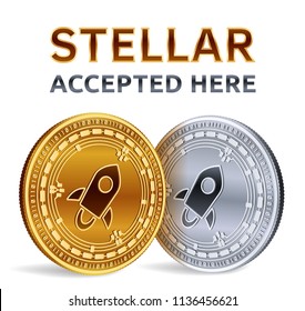 Stellar. Accepted sign emblem. Crypto currency. Golden and silver coins with Stellar symbol isolated on white background. 3D isometric Physical coins with text Accepted Here. Vector illustration.