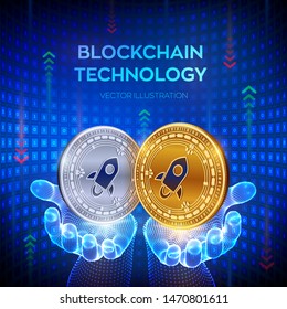 Stellar. Blockchain. 3D Physical bit coin. Block chain concept. Digital currency. Golden and silver coins with Stellar symbol in hands. Editable Cryptocurrency template. Vector illustration.