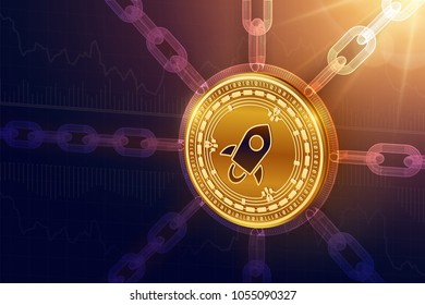 Stellar. Crypto currency. Block chain. 3D isometric Physical Stellar coin with wireframe chain. Blockchain concept. Editable Cryptocurrency template. Stock vector illustration.