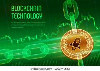 Stellar. Crypto currency. Block chain. 3D isometric Physical golden Stellar coin with wireframe chain on blue financial background. Blockchain concept. Editable Cryptocurrency template. Vector