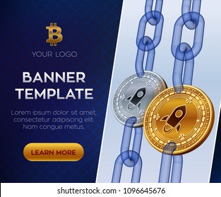 Stellar. Crypto currency editable banner template. 3D isometric Physical bit coin. Golden and silver Stellar coins with wireframe chain. Block chain concept. Stock vector illustration.