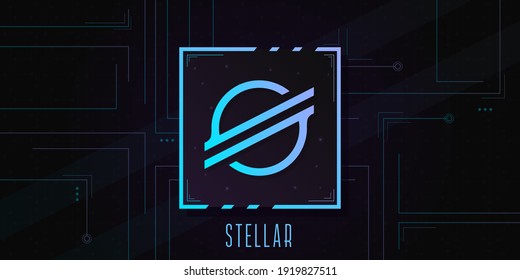 Stellar logo on dark background with circuits decoration. Glowing symbol with cyan and purple gradient.