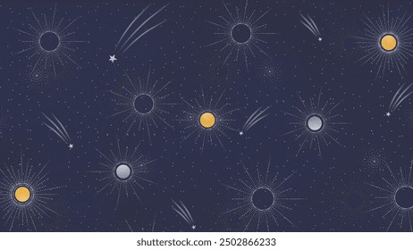 Stellar night sky design featuring radiant suns and comets streaking across a deep navy background. This cosmic pattern evokes the beauty of the universe, for celestial-themed decor or fabric design.