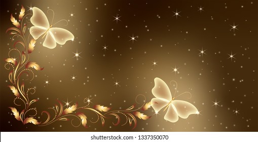 Stellar space background with magical butterflies and luxurious golden ornament