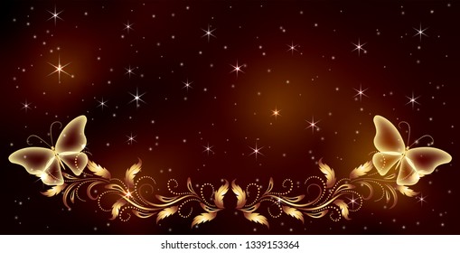Stellar space background with magical butterflies and luxurious golden ornament