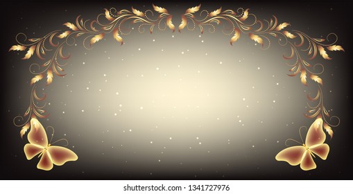 Stellar space background with magical butterflies and luxurious golden ornament