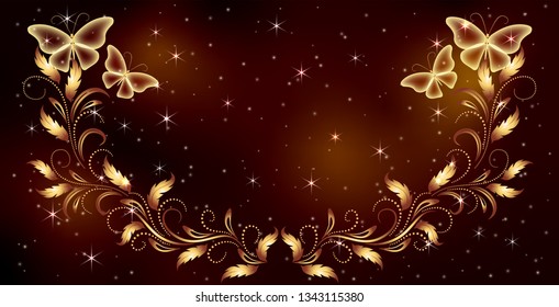 Stellar space background with magical butterflies and luxurious golden ornament