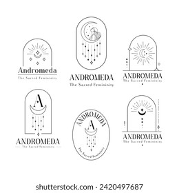 Concepto de Arco Estelar Estelar con Logo Andromeda. Opción negra.
La feminidad minimalista es limpia y el diseño estelar simple. Gráfico vectorial.
